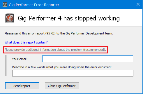 Gig Performer Error Reporter