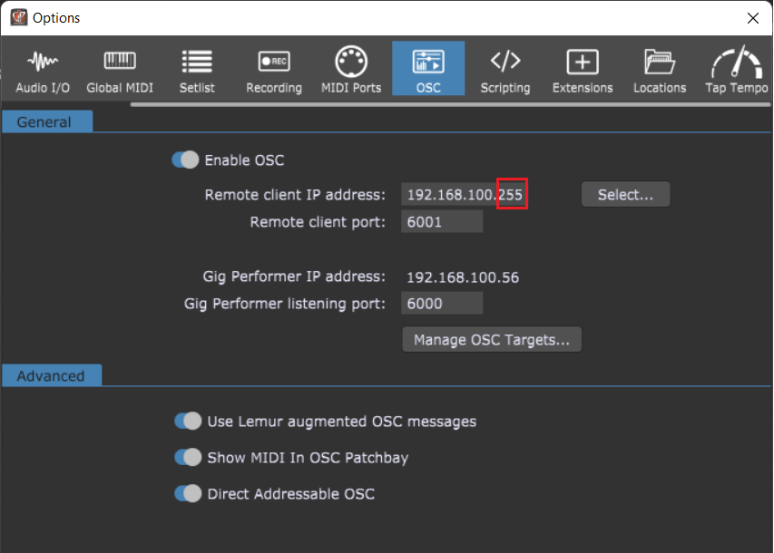 OSC Broadcast Mode in Gig Performer