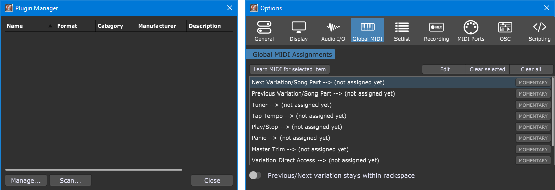 Plugin Manager and Global MIDI options, Gig Performer, audio plugin host