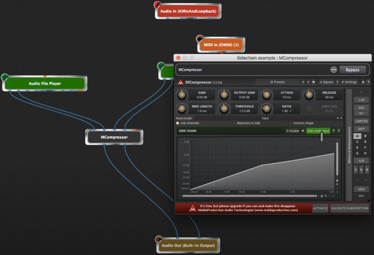 Side-chaining example in Gig Performer with Melda MCompressor