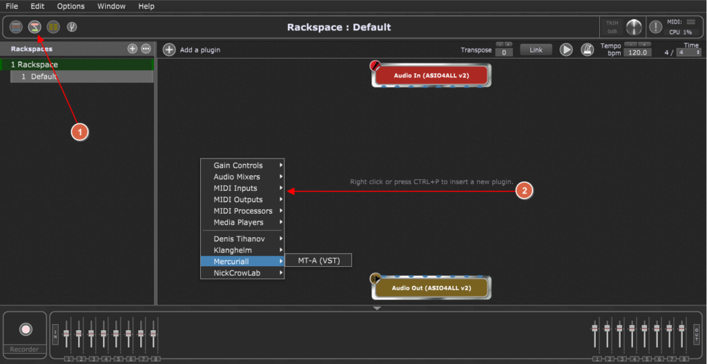 Gig Performer, Back View Add VST2 Plugins