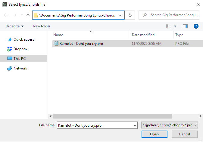 Open ChordPro File in Gig Performer