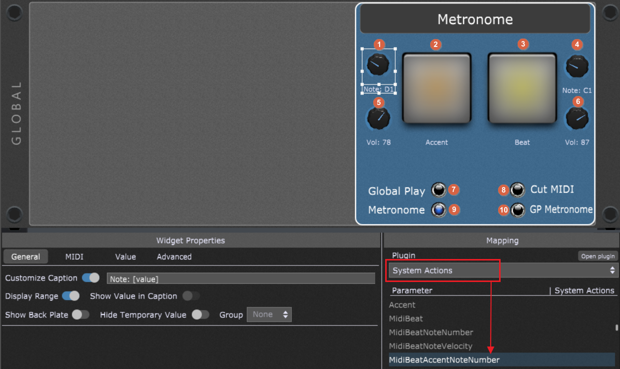 Global Rackspace in Gig Performer. Assign widgets with System Actions plugin parameters