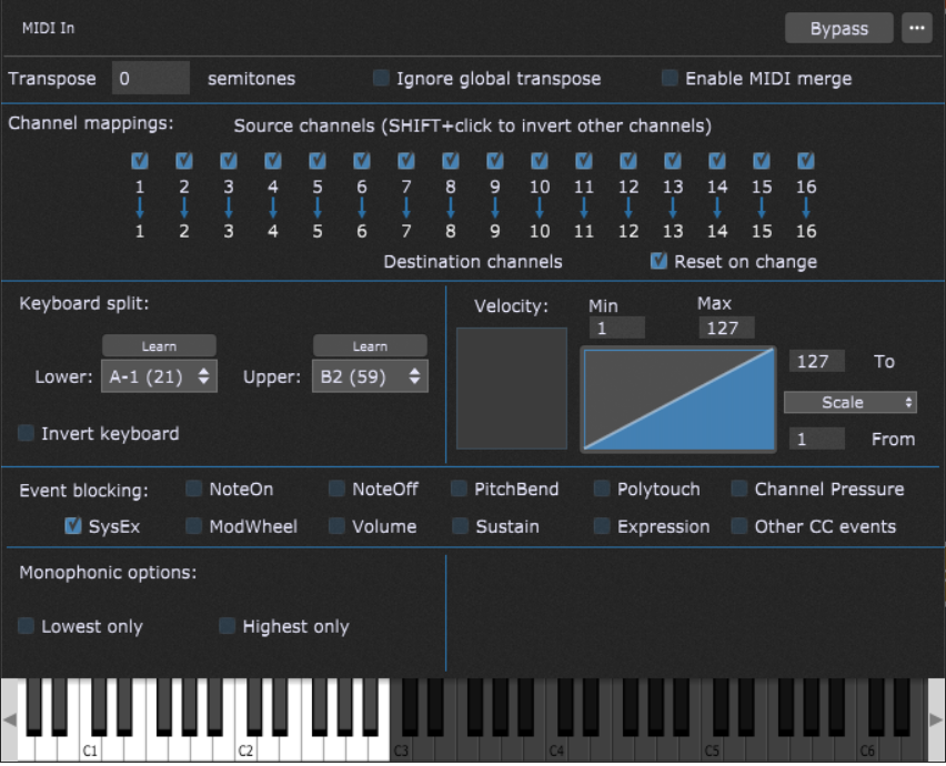 How to create keyboard split A-1 to B2 in Gig Performer