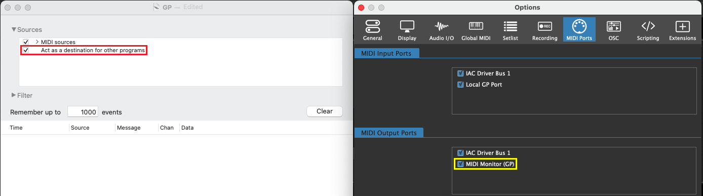 MIDI Monitor acts as a destination for other programs. Gig Performer recognizes it as MIDI Out