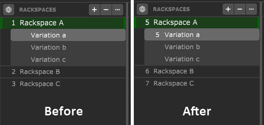 Reset PC numbers for the first variation in all rackspaces