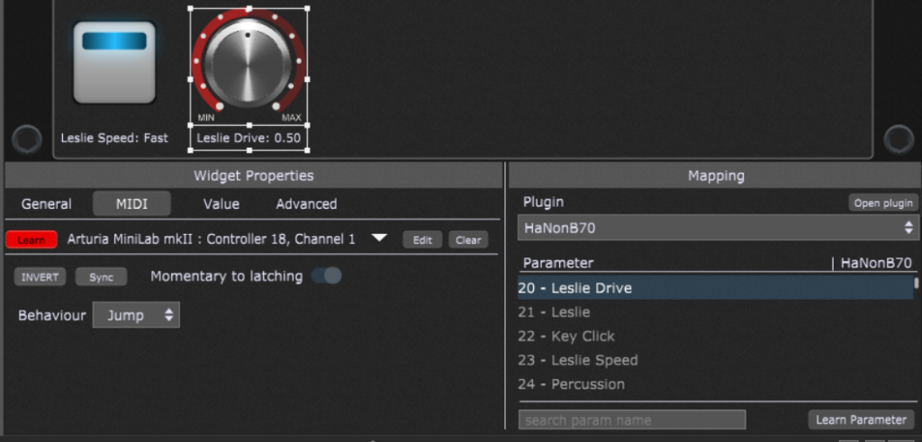 Gig Performer widgets for controlling Leslie parameters (speed, distortion) using MIDI controller