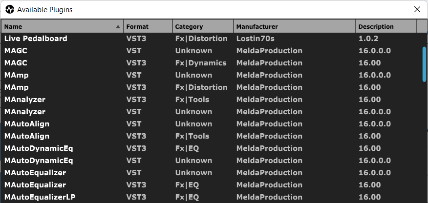 Available Plugins hosted in the AudioGridder server