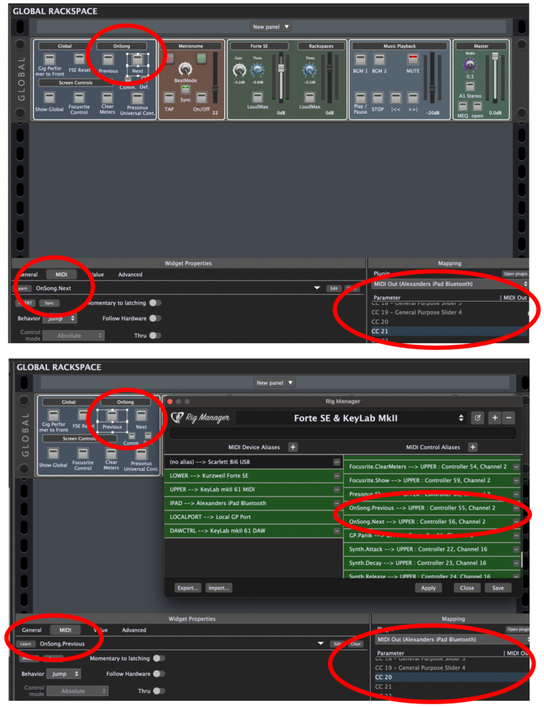 MIDI message assignments and Rig Manager