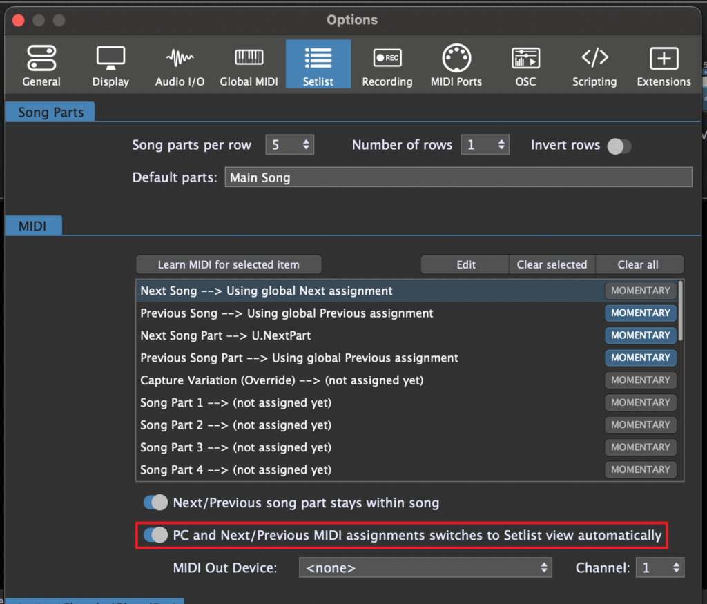 PC and Next/Previous MIDI assignments switches to Setlist view automatically