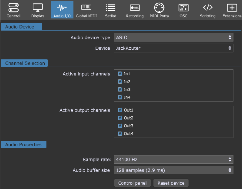 Gig Performer Audio Settings, JACK Router