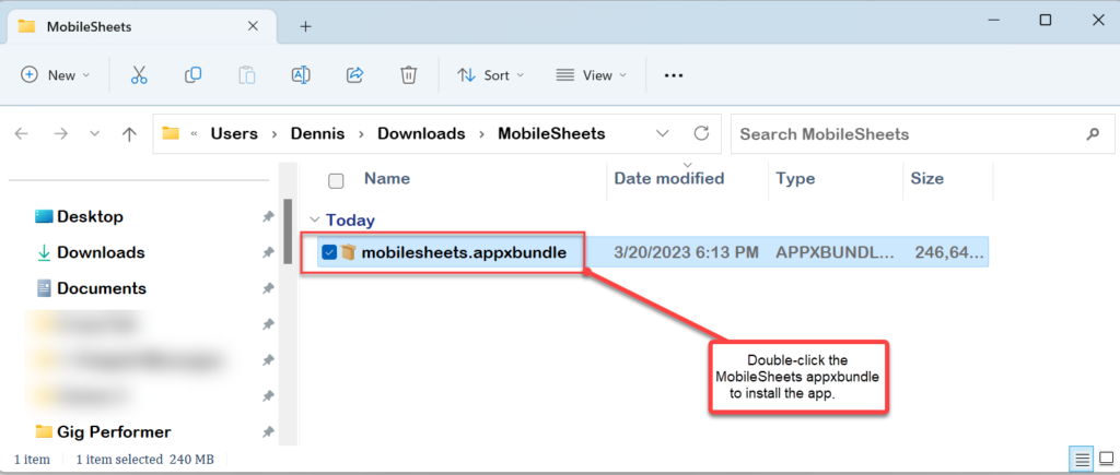 Install the downloaded appxbundle of MobileSheets by double-clicking on the file